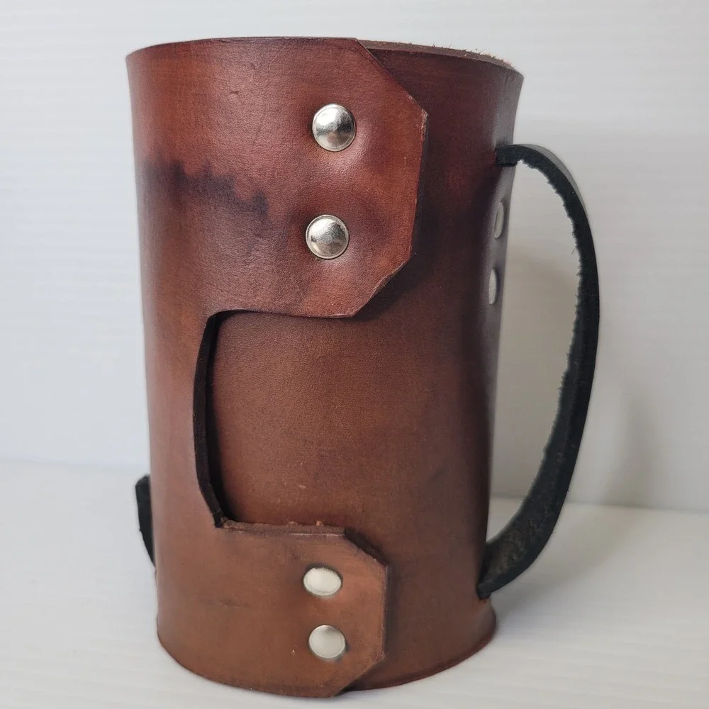 Artisan Leather Mug Wrap‎ Tankard Sleeve Brown Tree of Life Celtic Handle